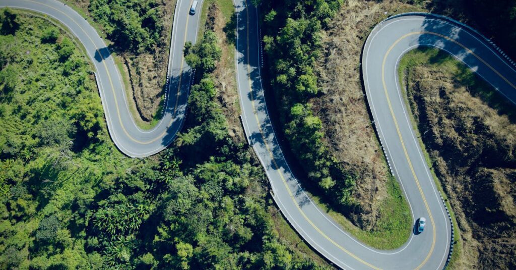 Drone Shot of a Winding Road between Green Trees