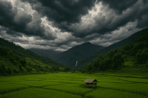 Chiang Mai's lush countryside during rainy season, highlighting green fields and dramatic clouds.