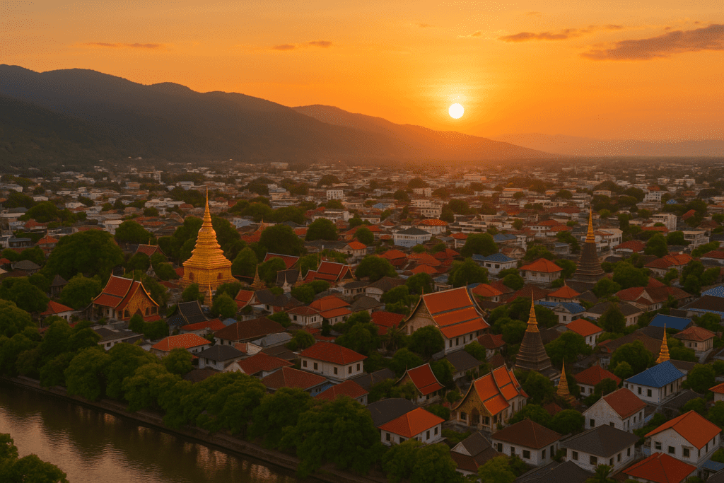 Aerial sunset view of Chiang Mai's golden temple spires and lush mountains Northern Thailand
