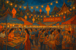 The Ultimate Chiang Mai Travel Guide: Plan Your Perfect 5-Day Trip Busy Night Bazaar in Chiang Mai showcasing local crafts and street food vendors