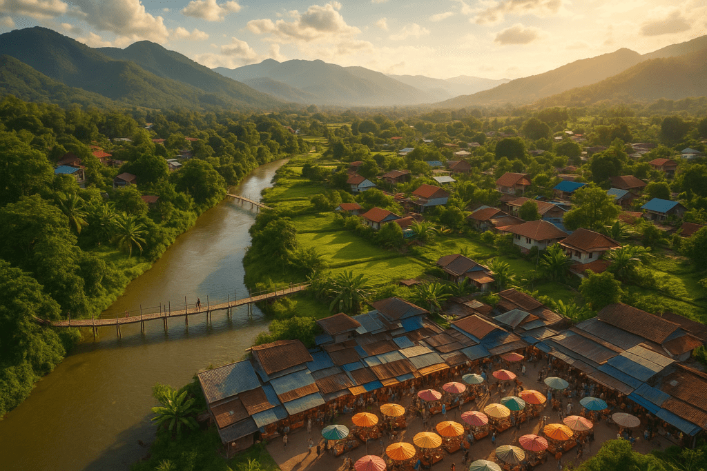 Aerial view of Pai, Thailand's hidden mountain paradise Aerial view of Pai, Thailand, showcasing lush mountains and charming village.