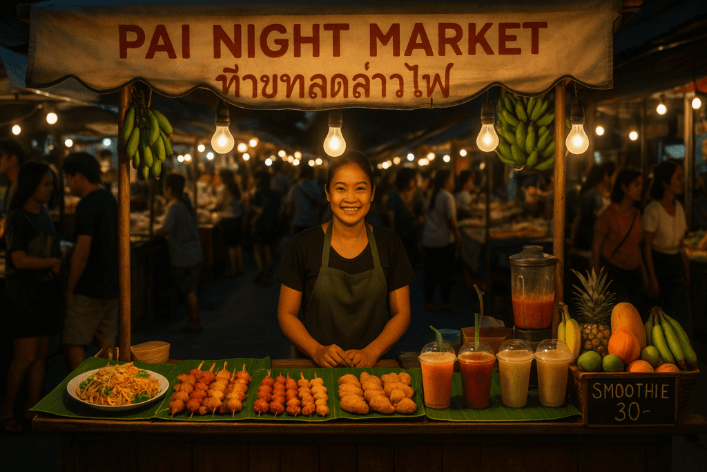 Vibrant street food scene at Pai Night Market, Thailand Local food stall at Pai Night Market with colorful street food.