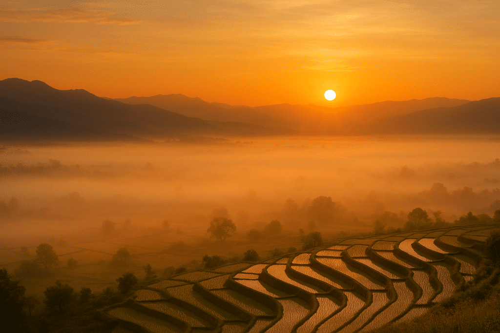 Stunning sunrise from Yun Lai Viewpoint in Pai Sunrise view from Yun Lai Viewpoint, Pai with misty valleys.
