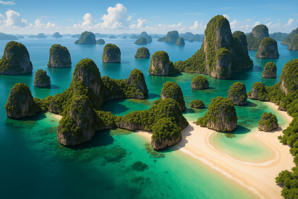 Andaman Sea Adventure Tour Aerial view of Andaman Sea with limestone karsts and beaches in Thailand.