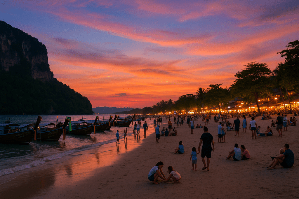 Ao Nang Beach Sunset Scene Sunset at Ao Nang Beach with families and long-tail boats