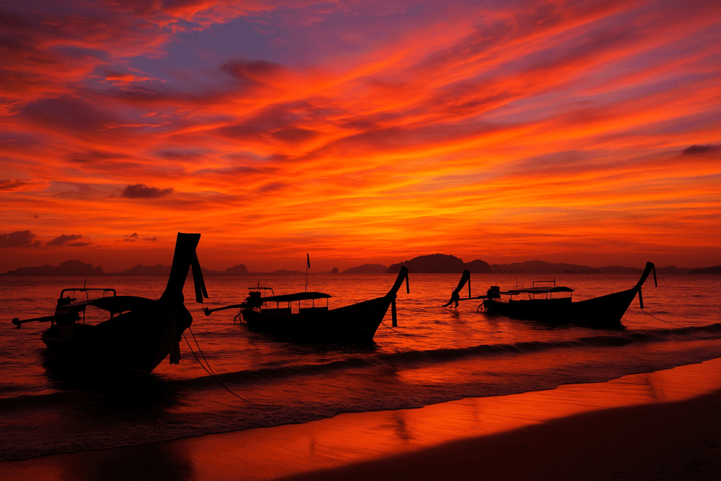 Ao Nang Beach - Sunset Paradise Sunset view of Ao Nang Beach with long-tail boats in Krabi