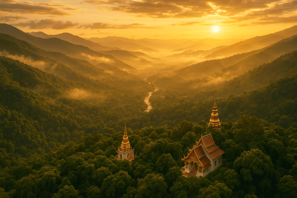Chiang Mai Day Trips Guide: Explore Northern Thailand Aerial view of Chiang Mai's lush mountains and temples during sunset