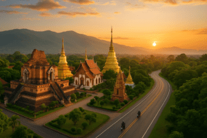 Aerial view of Chiang Mai at sunrise with temples and mountains