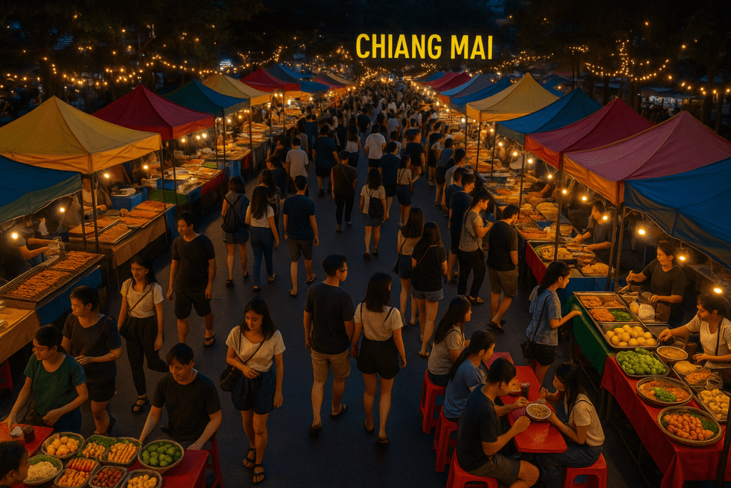 Aerial view of Chiang Mai's bustling night market with colorful food stalls