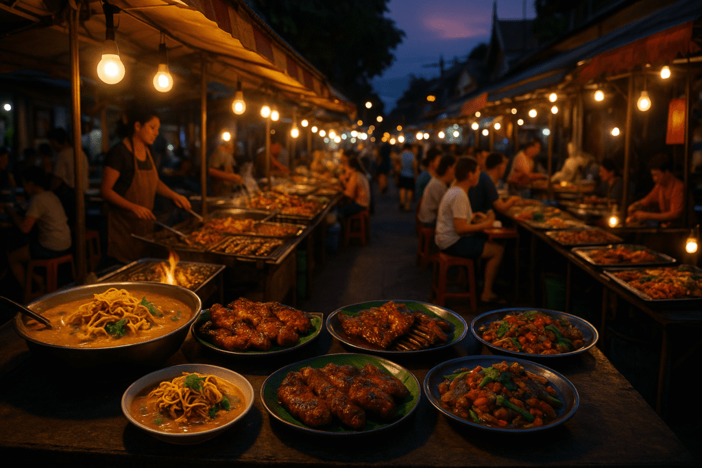 Chiang Mai street food scene with Khao Soi and bustling stalls at dusk