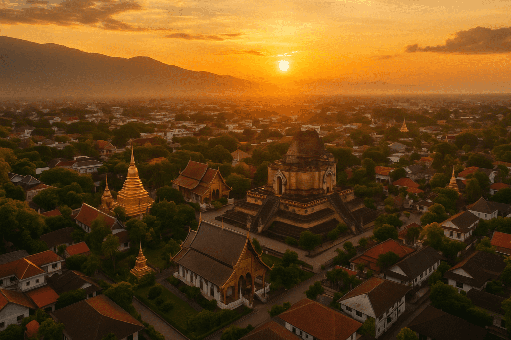 Aerial view of Chiang Mai's temples and lush landscapes at sunset