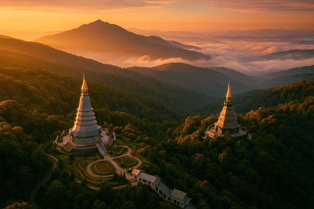 Doi Inthanon National Park - Adventure in Thailand Aerial view of Doi Inthanon National Park at golden hour with lush forests