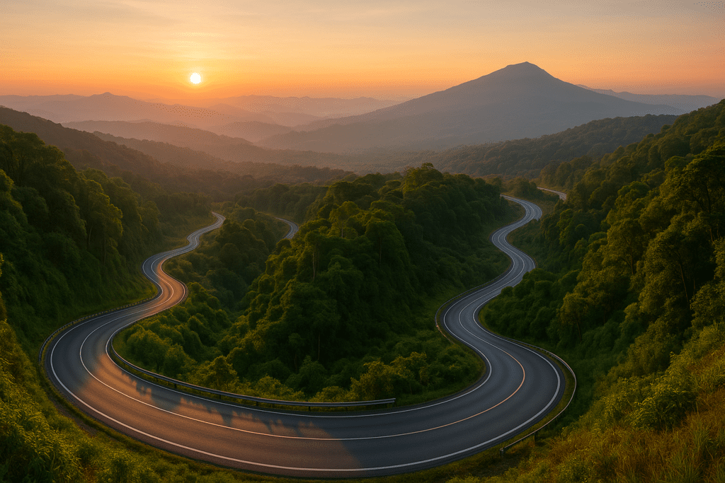 Winding Roads to Doi Inthanon Summit Winding mountain roads leading to Doi Inthanon summit at sunrise
