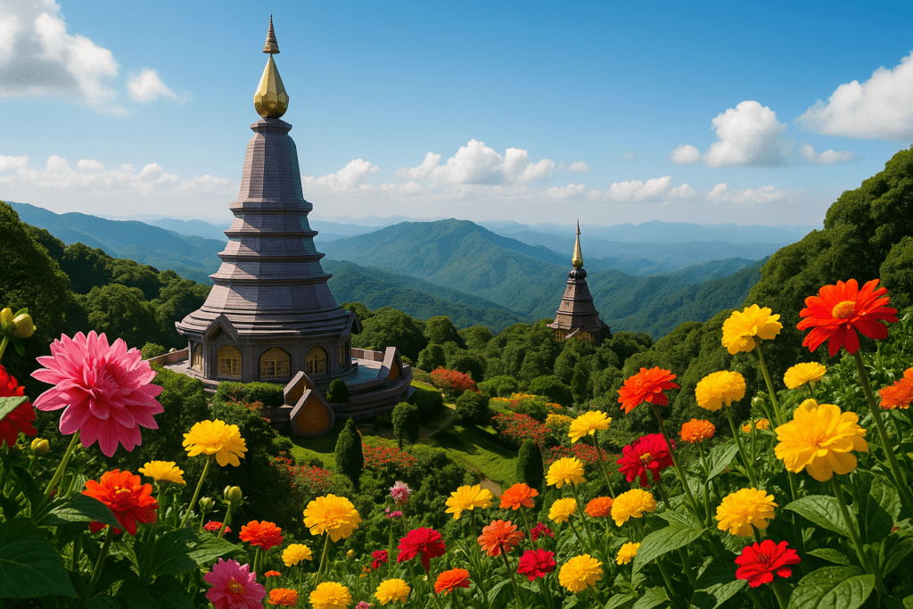 Doi Inthanon Views and Royal Pagodas Doi Inthanon viewpoint with blooming gardens and royal pagodas
