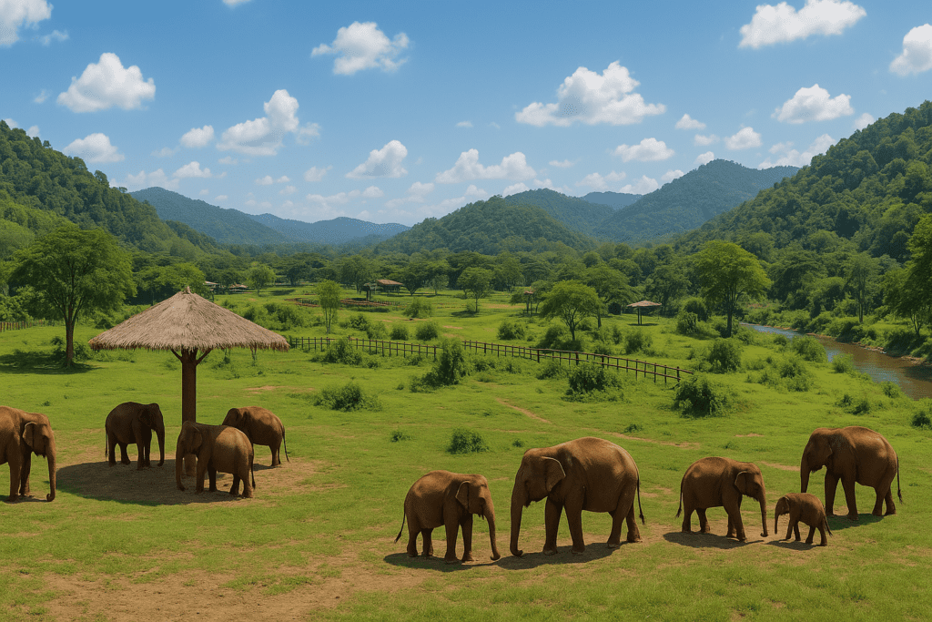 Panoramic View of Elephant Nature Park Panoramic view of Elephant Nature Park in Chiang Mai showcasing natural habitat