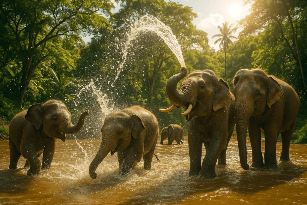 Elephants Bathing in Nature Elephants joyfully bathing in a river at Chiang Mai sanctuary