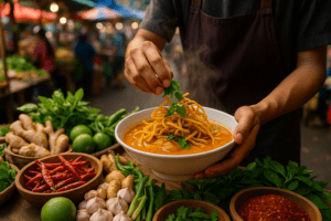 Close-up of Khao Soi preparation with aromatic spices and fresh ingredients