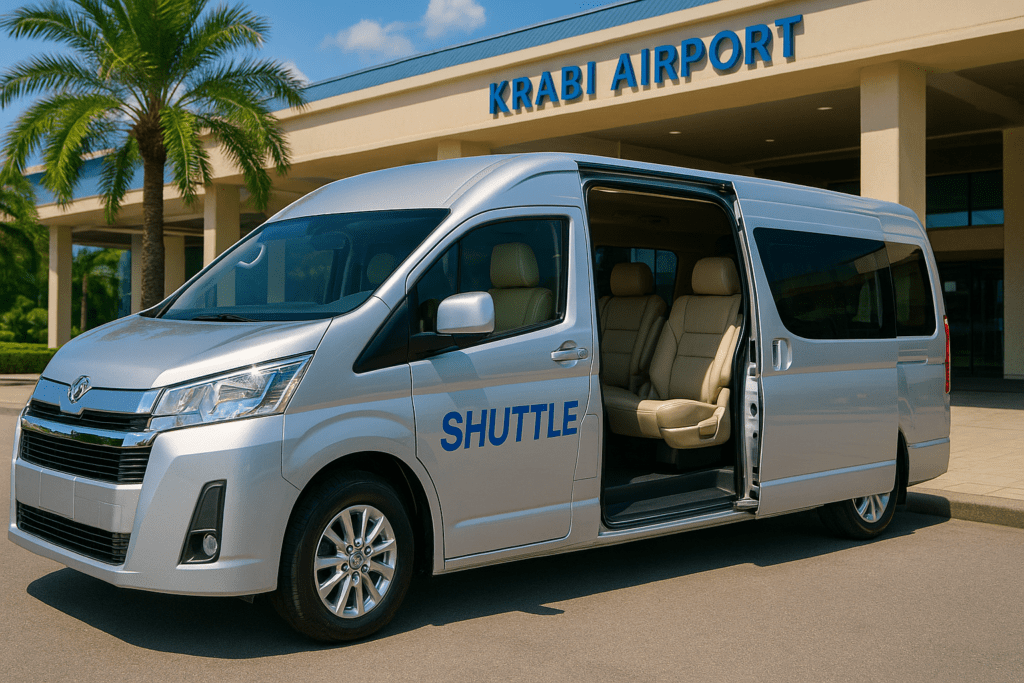 Krabi Airport Shuttle Service Modern airport shuttle van outside Krabi Airport ready for passengers