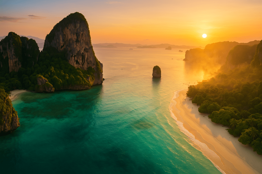 Krabi Airport Transfer Guide Aerial sunset view of Krabi's stunning coastline and limestone cliffs
