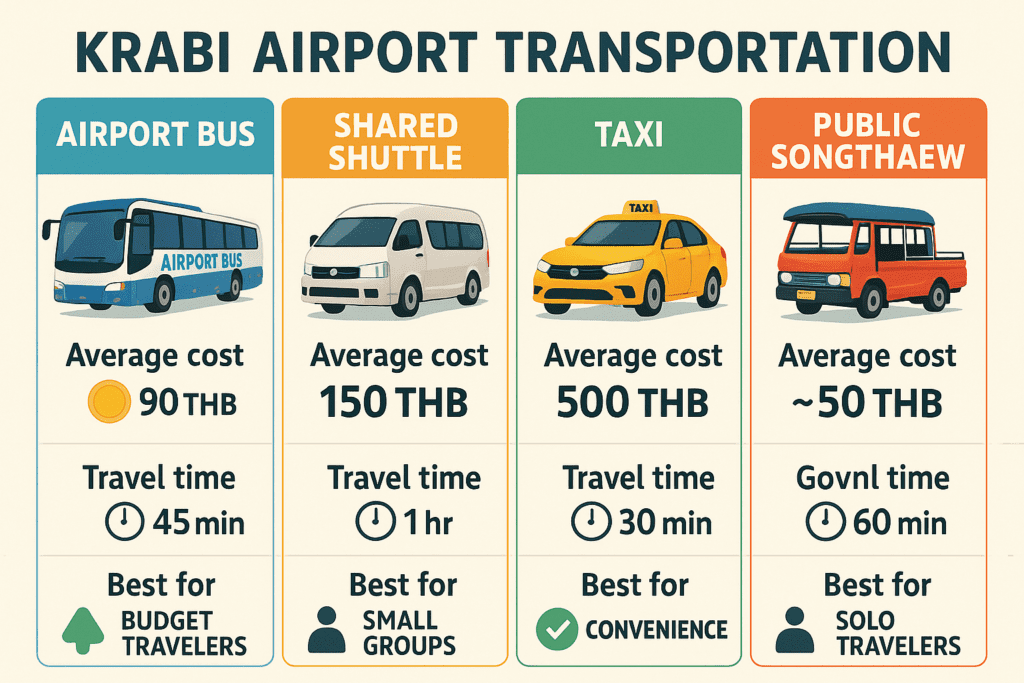 Krabi Airport Transportation Options Comparison of Krabi airport transportation options including bus, shuttle, taxi, songthaew
