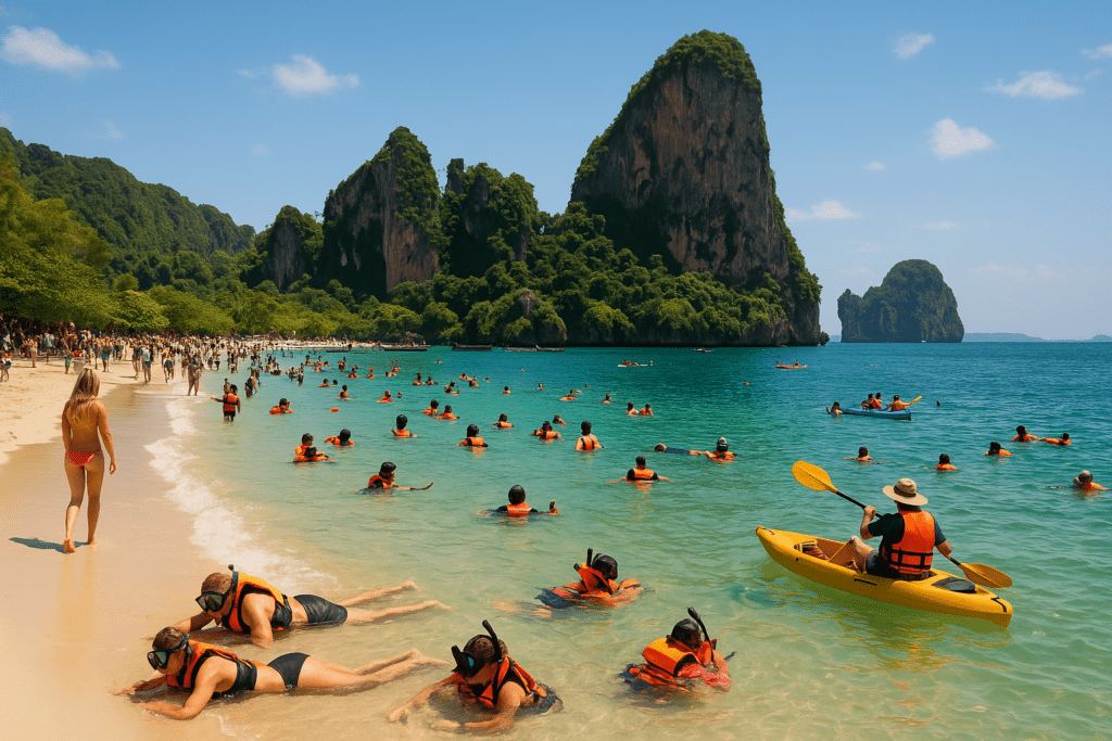 Beach Activities in Krabi, Thailand's High Season Tourists enjoying water activities at a beach in Krabi during peak season
