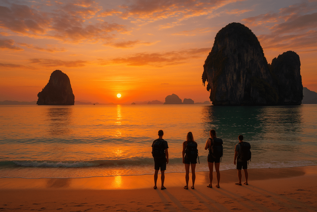 Free Activities Krabi Scenic sunset beach view in Krabi with limestone cliffs, adventure