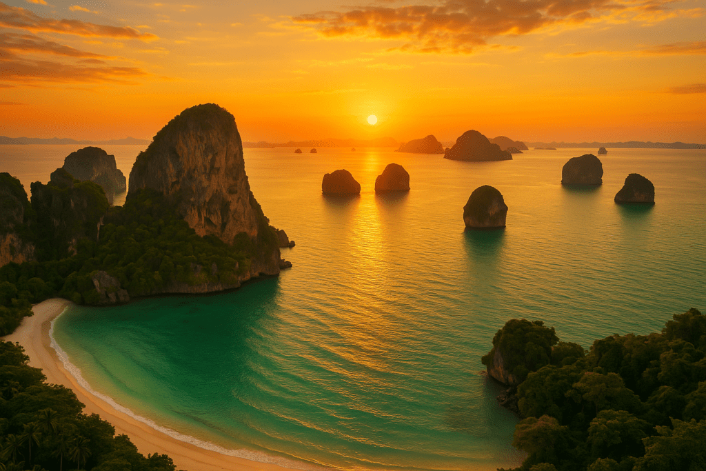 Krabi Beach Sunset Aerial View Aerial sunset view of Krabi's coastline and limestone cliffs
