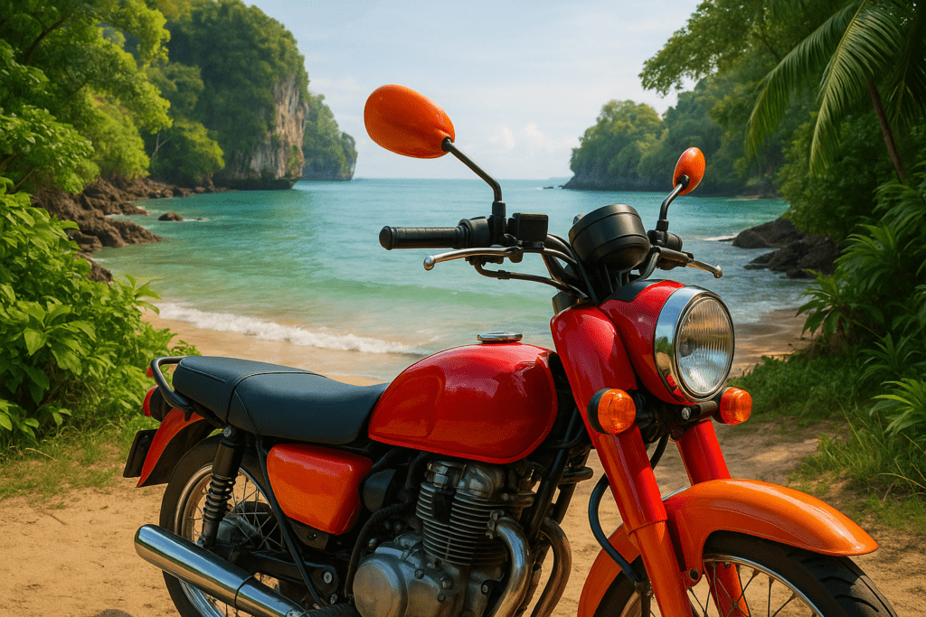 Hidden Beaches in Krabi: Motorbike Exploration Motorbike parked at a hidden Krabi beach with clear waters