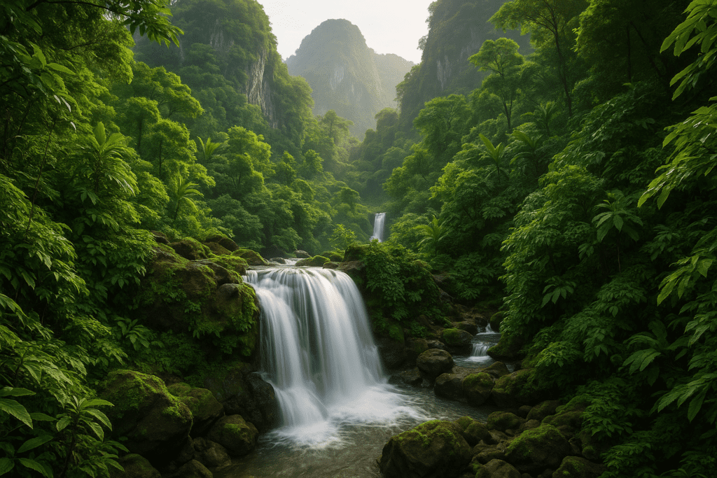Lush Jungle and Waterfalls in Krabi, Thailand Lush jungle landscape with dramatic waterfalls in Krabi, Thailand