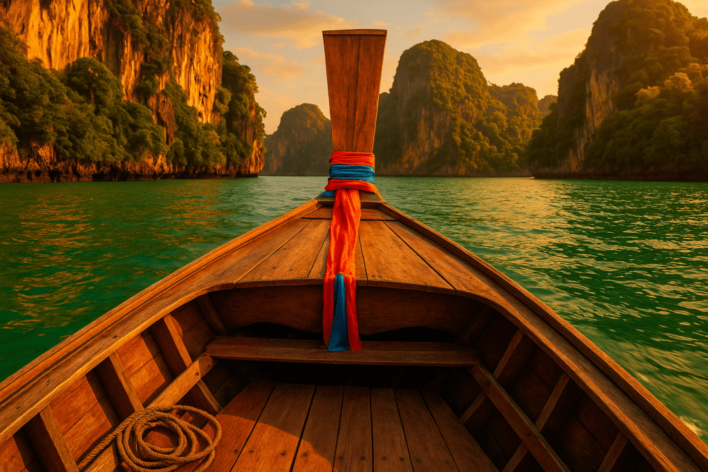 Krabi Longtail Boat Adventure Traditional longtail boat in emerald waters near limestone cliffs in Krabi.