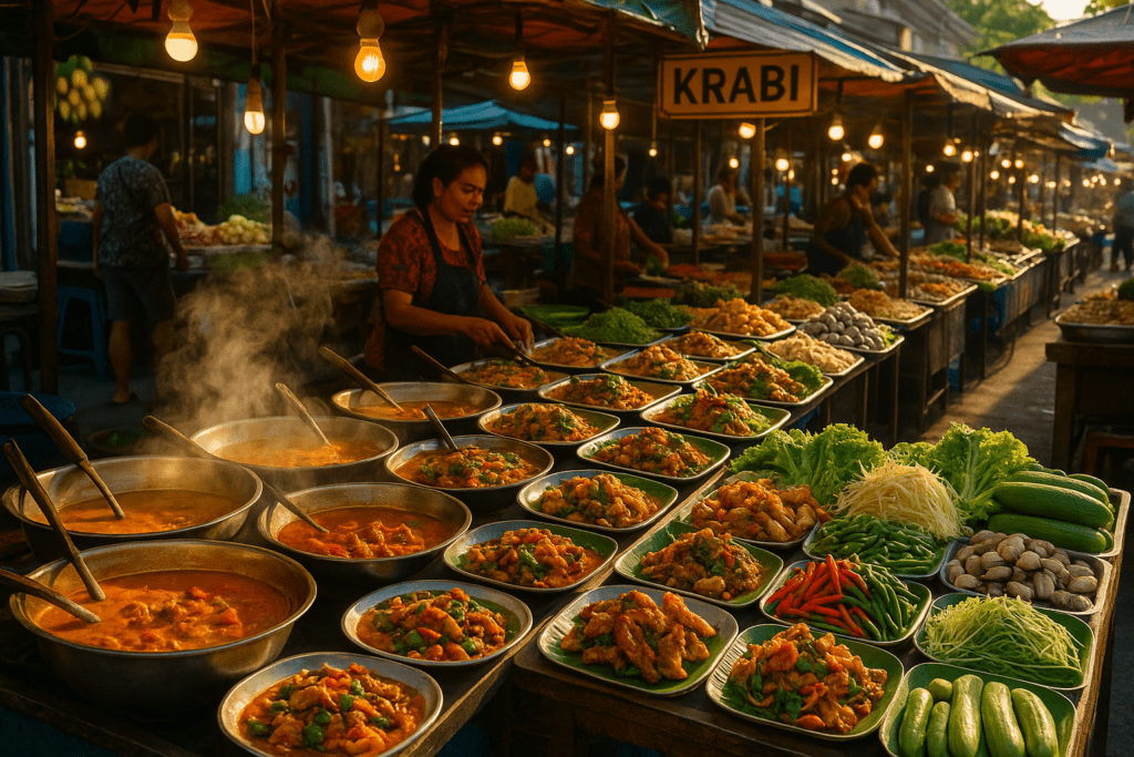 Cheap Eats Krabi Vibrant street food scene in Krabi with local Thai dishes, budget-friendly