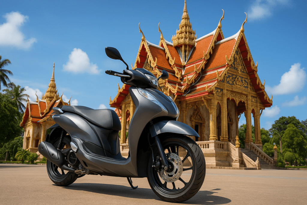 Exploring Krabi Temples via Scooter Scooter parked in front of a colorful Krabi temple