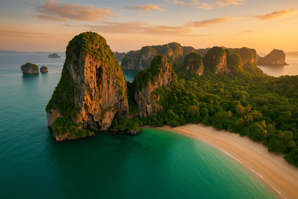 Krabi Travel Guide - Tropical Paradise Aerial view of Krabi's limestone cliffs and emerald waters at sunset