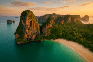 Aerial view of Krabi's limestone cliffs and emerald waters at sunset