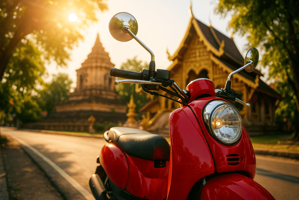 Motorbike Rental at Chiang Mai Temples Motorbike rental with an ancient temple backdrop in Chiang Mai
