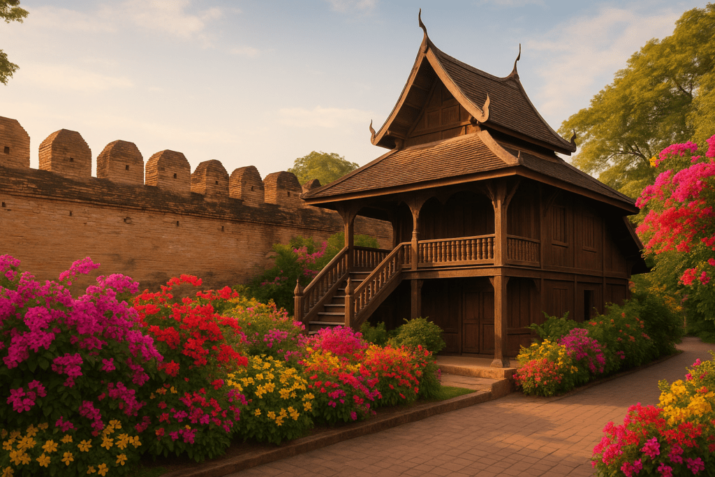 Traditional Lanna-style wooden house in Chiang Mai's Old City with vibrant flowers