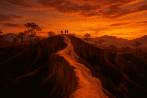 Sunset view of Pai Canyon with dramatic ridges and vibrant colors.