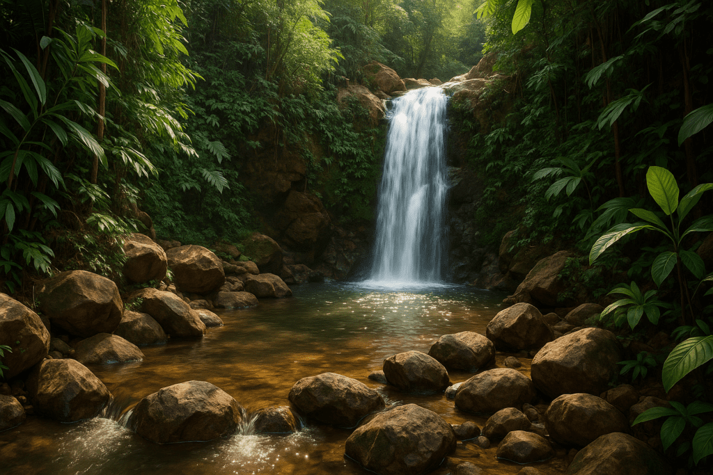 Hidden Waterfall in Pai Serene hidden waterfall in Pai surrounded by lush greenery and rocks.