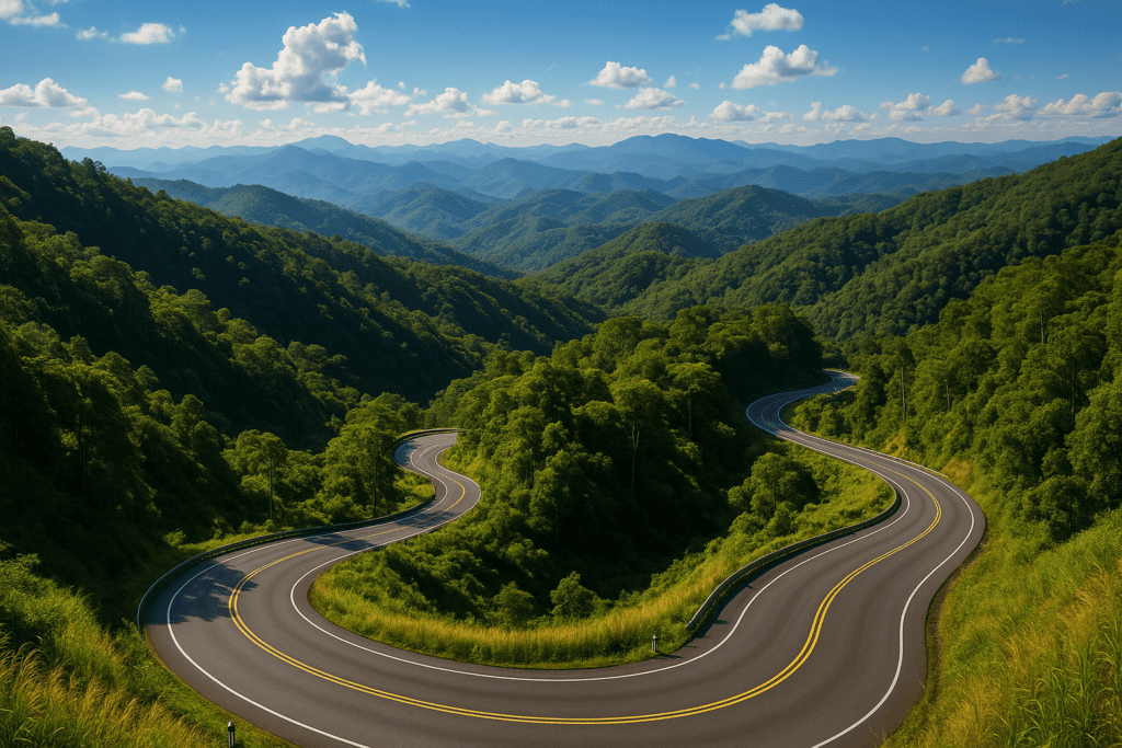 Scenic Routes from Pai: Mae Hong Son Loop Scenic view of the Mae Hong Son loop road in Northern Thailand with winding hills