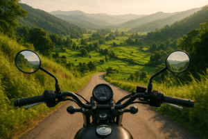 Motorbike perspective riding through emerald hills and rice fields in Pai, Thailand