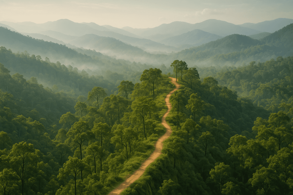 Exploring Pai's Natural Playground Wide shot of Pai's hiking trails and lush nature in Northern Thailand