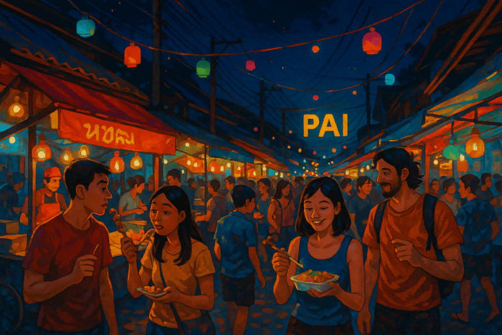 Colorful night market in Pai filled with delicious food stalls and lively crowds