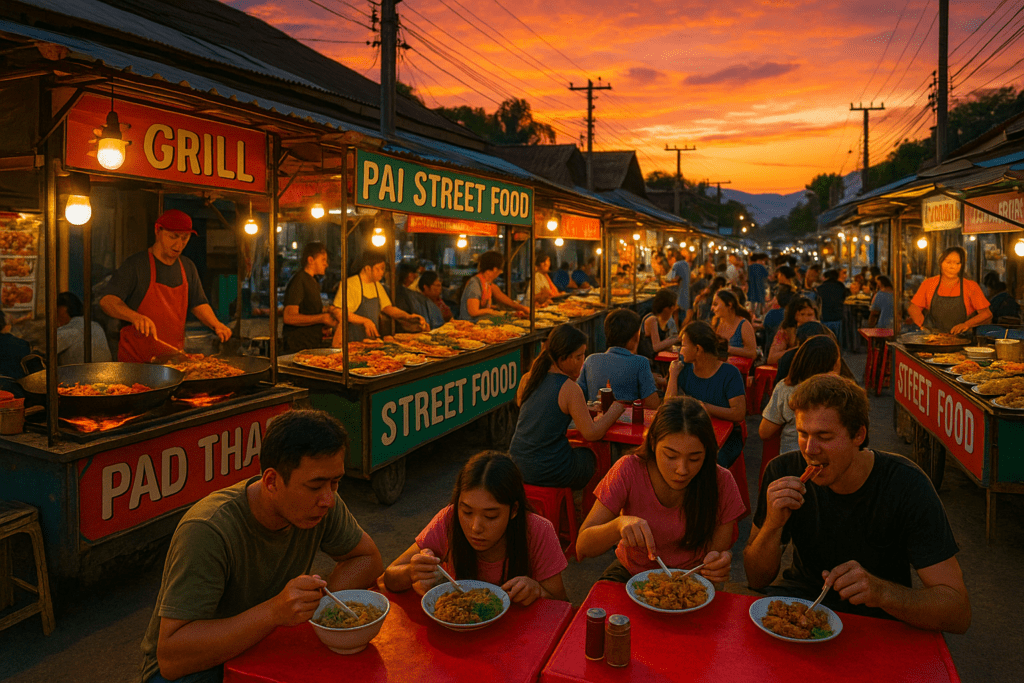 Lively Pai street food scene with colorful stalls and delicious dishes