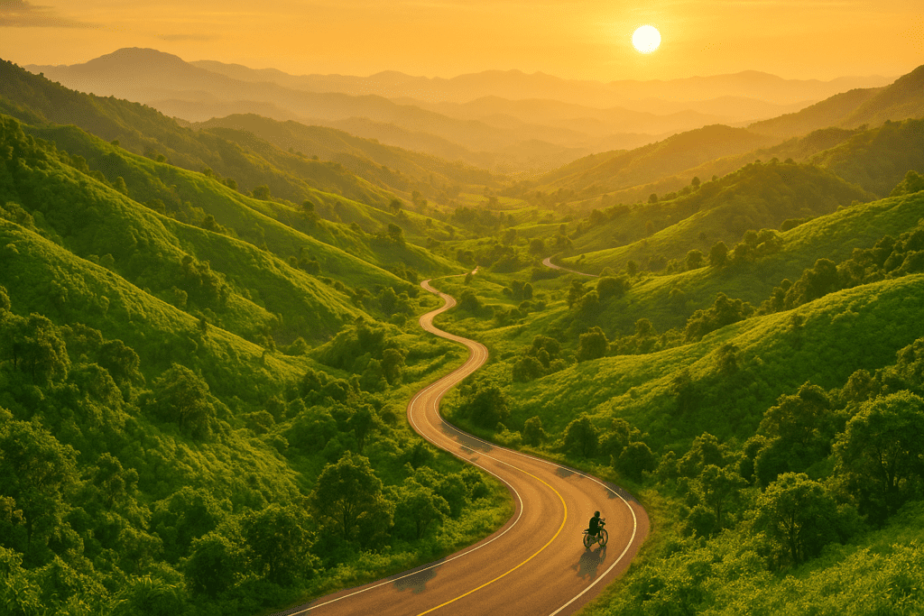 Motorbike Adventure in Pai, Thailand Golden hour view of Pai's emerald hills and winding roads in Northern Thailand