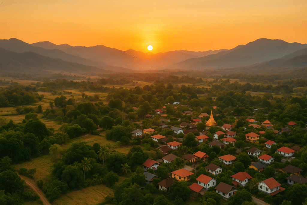 Aerial view of Pai Thailand at sunset featuring rolling hills and vibrant nightlife