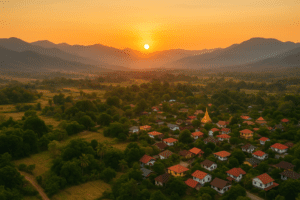 Aerial view of Pai Thailand at sunset featuring rolling hills and vibrant nightlife