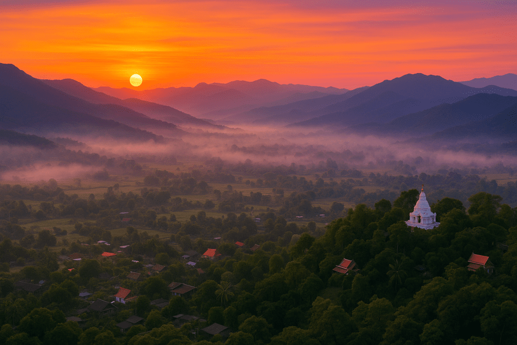 Stunning Sunset Over Pai Thailand Breathtaking sunset view of Pai, Thailand with misty mountains and vibrant colors.