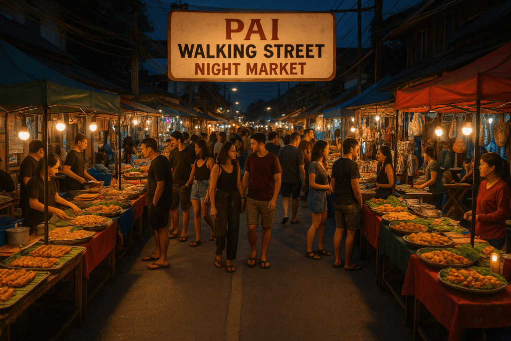 Pai Walking Street Night Market Vibrant Pai Walking Street Night Market scene with food stalls and vibrant atmosphere.