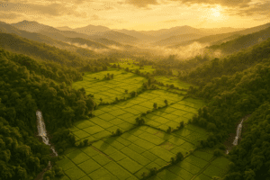 Aerial golden hour view of Pai's stunning waterfalls and mountains in Northern Thailand