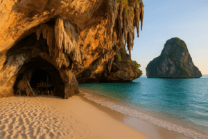 Phra Nang Cave Beach with stalactite formations in Krabi